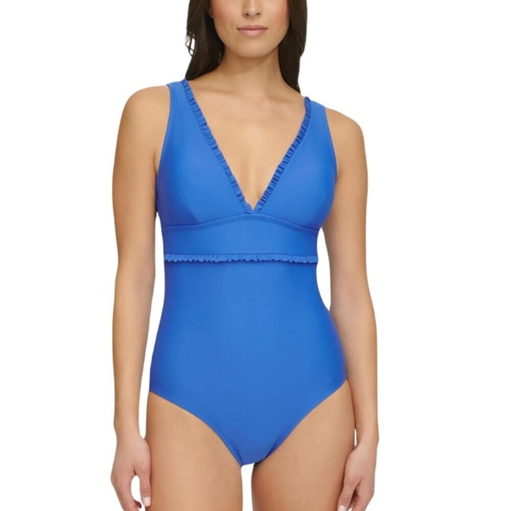 Tommy Hilfiger Micro Ruffle Over the Shoulder One Piece Swimsuit Blue Size 18